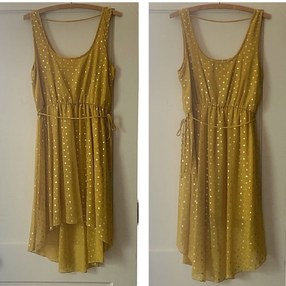 CHIC SUNDRESS Coveted Saffron & Gold Metallic Polka Dot Chiffon High-Low Dress L - Picture 7 of 10